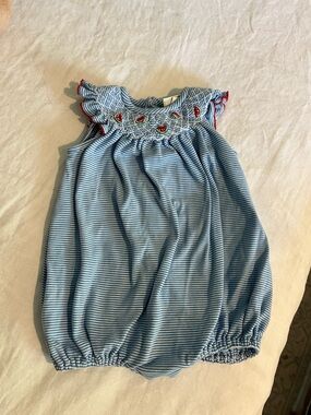 Blue Striped bubble with watermelon Embroidered Neckline